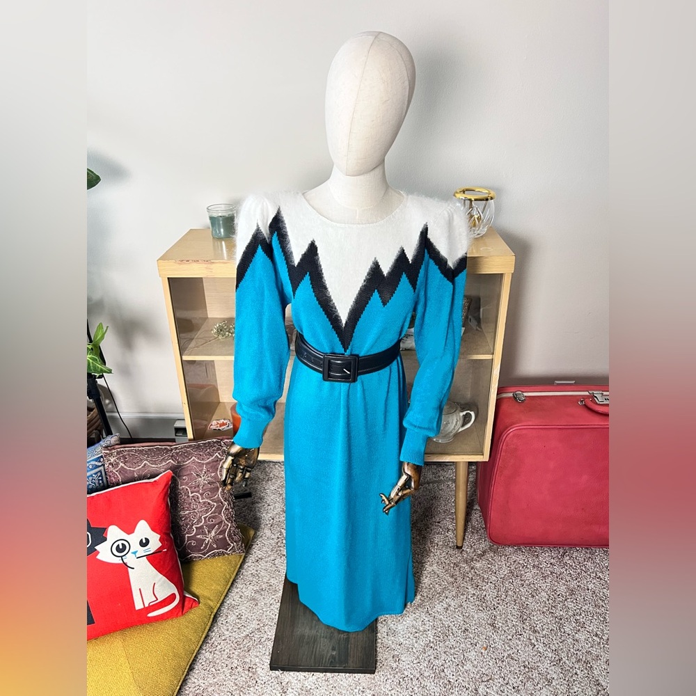 VTG 80s JEM Glam Rock Teal Knit Sweater Dress W/ Fur and Zigzag Detail - Medium